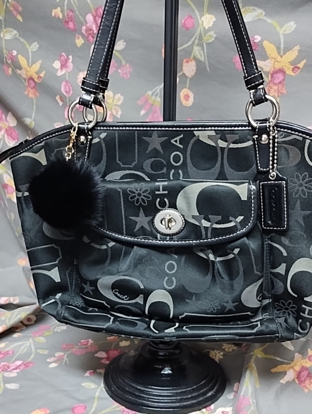 VTG Leah Coach Black Signature Logo Shoulder Bag with Turnlock, PLUSH NOT INCLUD - Picture 13 of 14